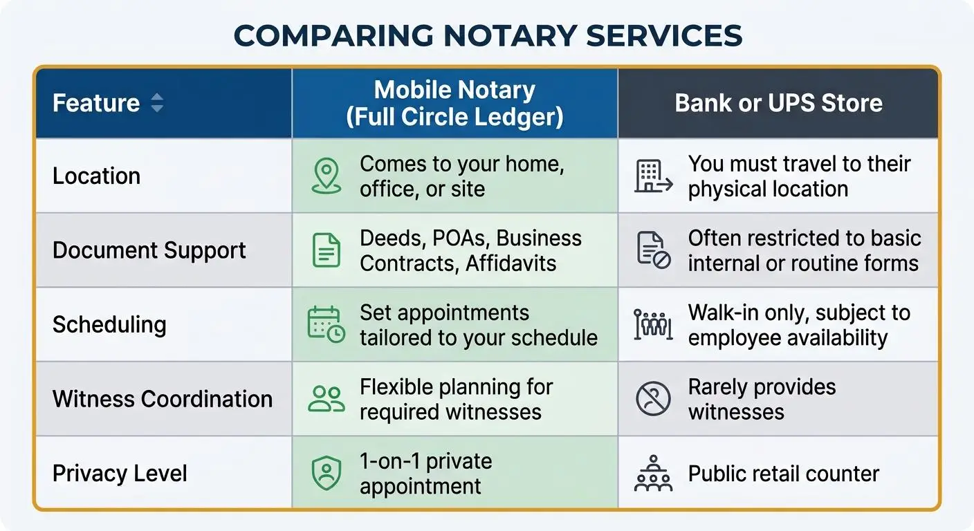 Table comparing notary services between a mobile notary and a bank or ups store